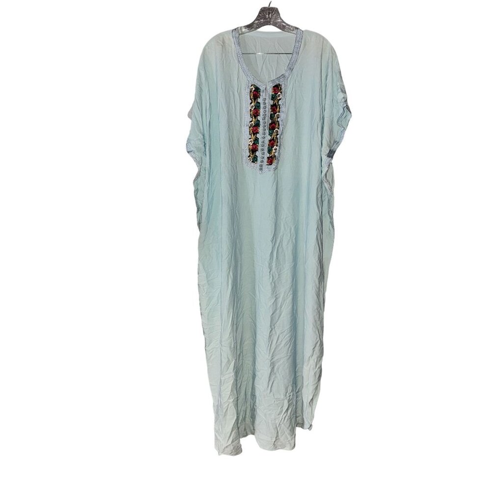 Light Blue Cotton Kaftan With Floral Embroidery & Crochet Trim